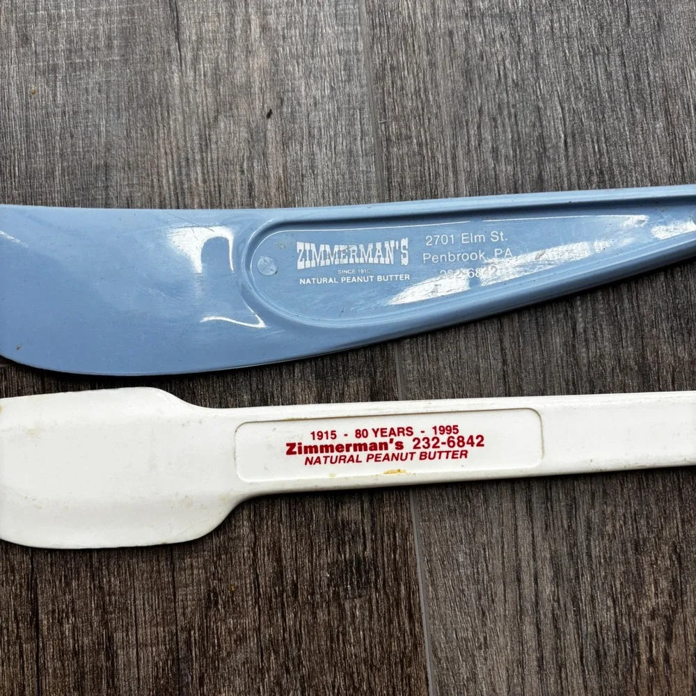 Vintage Zimmerman's Natural‎ Peanut Butter Spreader Set Blue White 80th Anniv PA